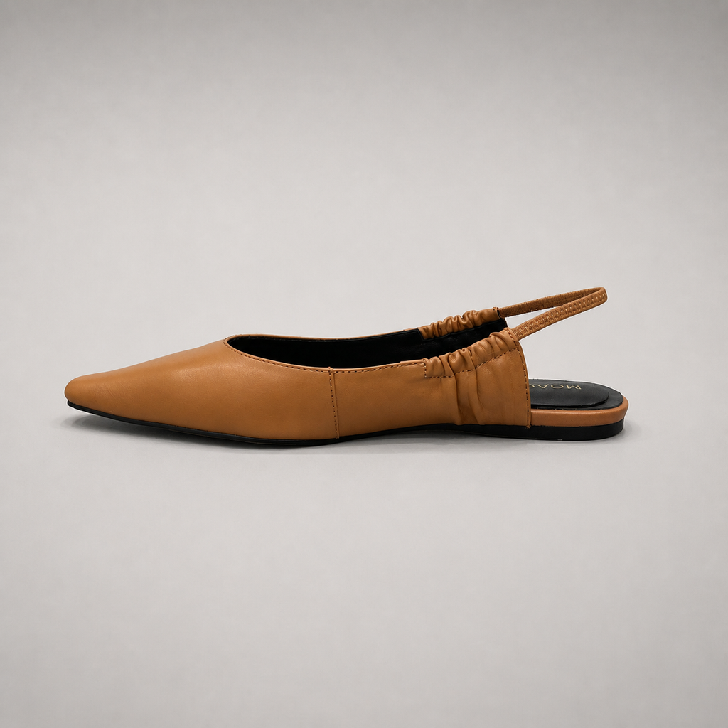 Tan slingback flat opposite side profile showing a square toe and gathered slingback strap