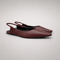 Burgundy slingback flat pair three-quarter view showing a square toe and gathered slingback strap