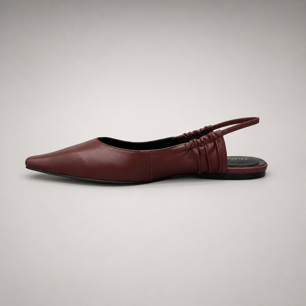 Burgundy slingback flat opposite side profile showing a square toe and gathered slingback strap