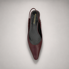 Burgundy slingback flat rear view showing a square toe and gathered slingback strap