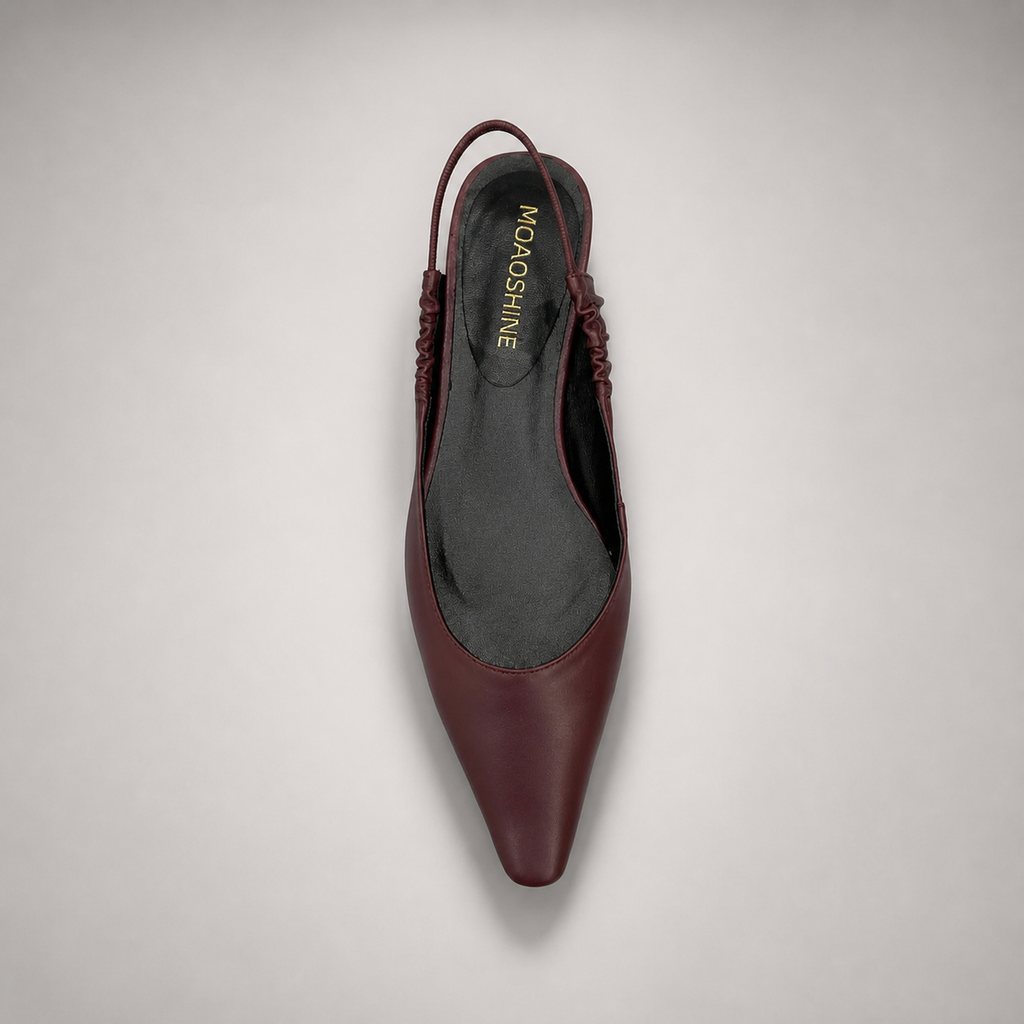 Burgundy slingback flat rear view showing a square toe and gathered slingback strap