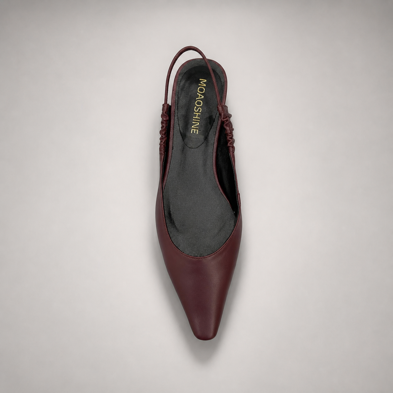 Burgundy slingback flat rear view showing a square toe and gathered slingback strap
