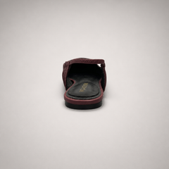 Burgundy slingback flat top view showing a square toe and gathered slingback strap