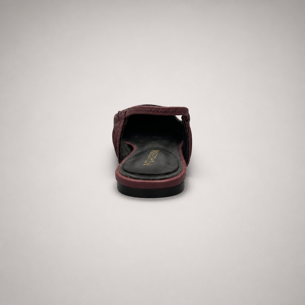 Burgundy slingback flat top view showing a square toe and gathered slingback strap