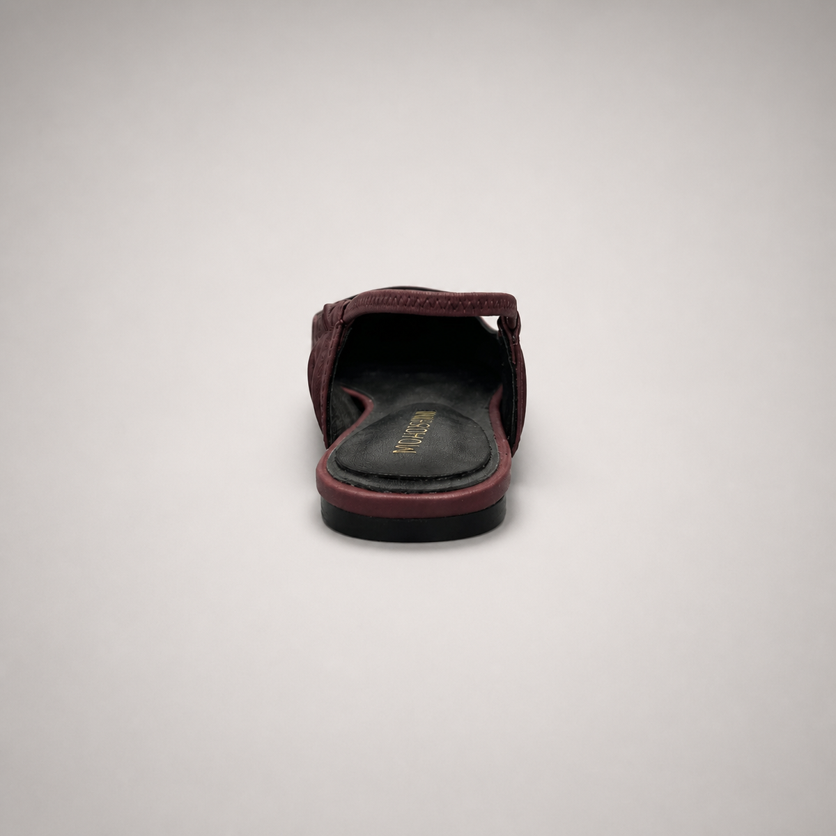 Burgundy slingback flat top view showing a square toe and gathered slingback strap