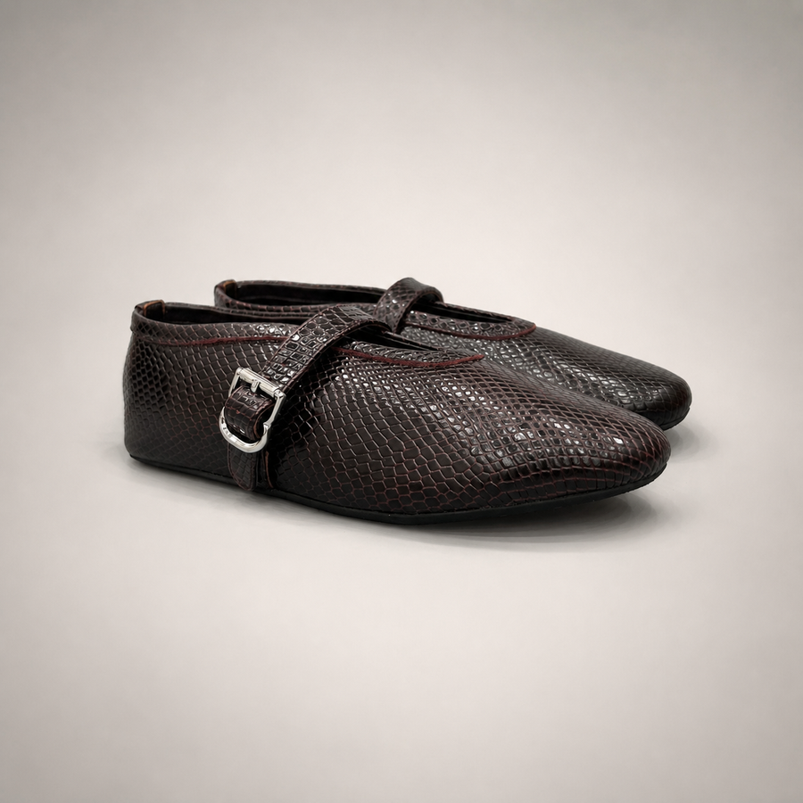 Burgundy Brown buckle-strap flat pair three-quarter view