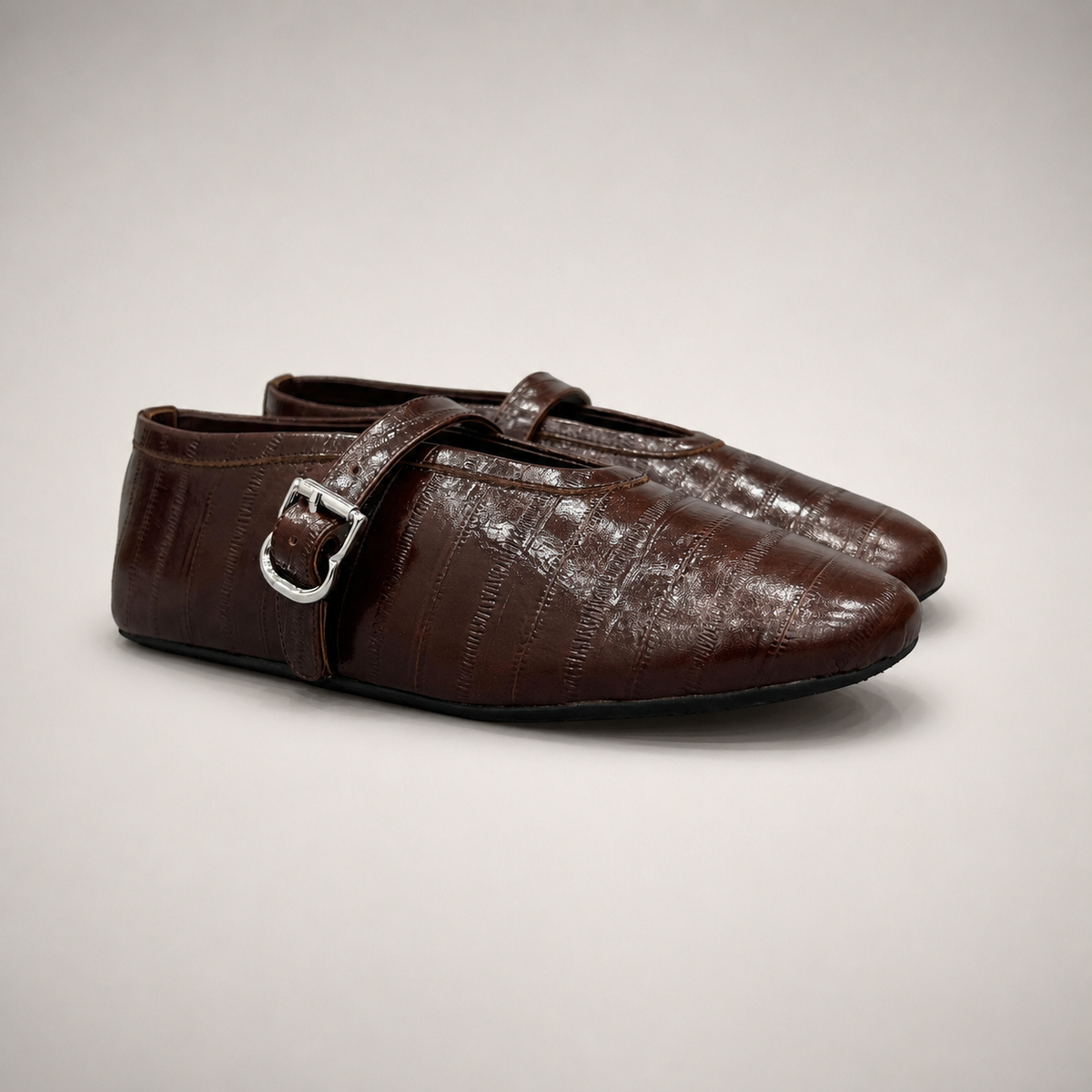 Dark Brown buckle-strap flat pair three-quarter view