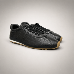 Black low-profile lace-up sneaker pair three-quarter view