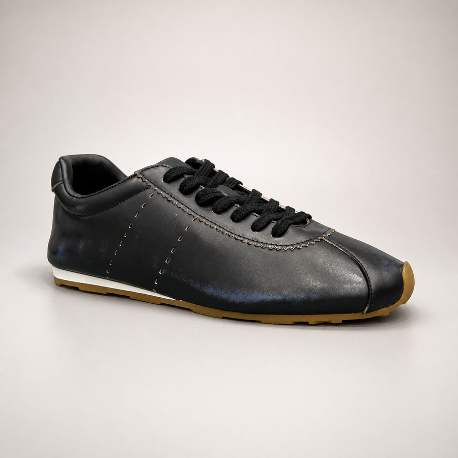 Black low-profile lace-up sneaker pair three-quarter view