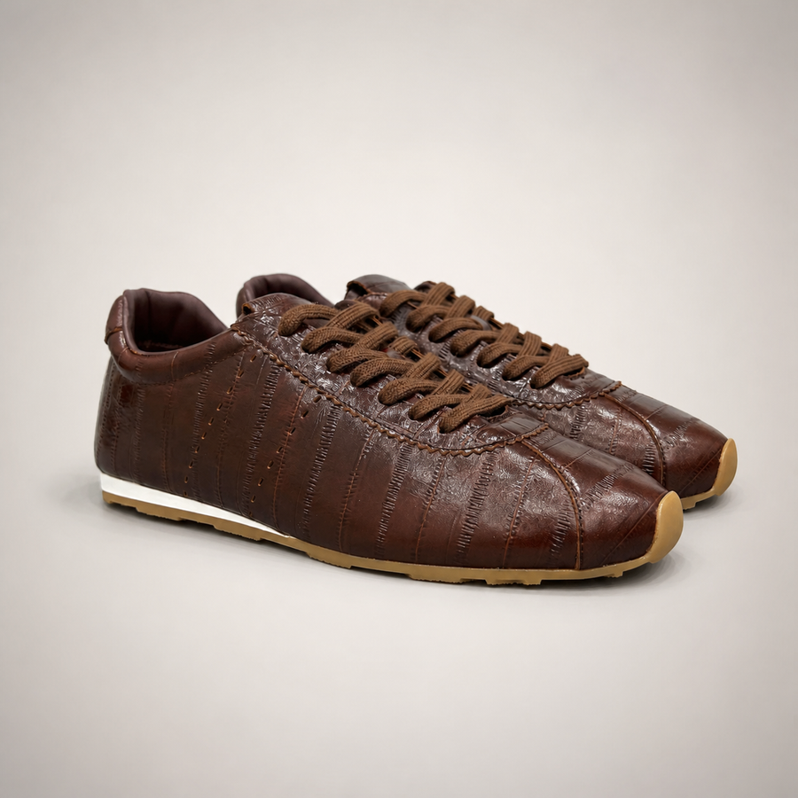 Brown low-profile lace-up sneaker pair three-quarter view