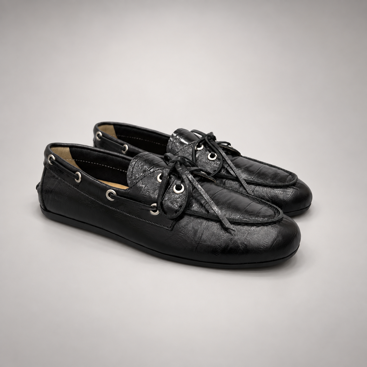 Black Embossed Leather Boat Shoes