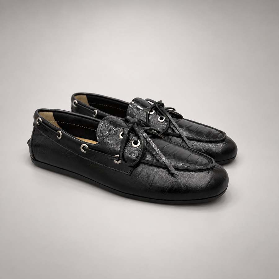 Black Embossed Leather Boat Shoes