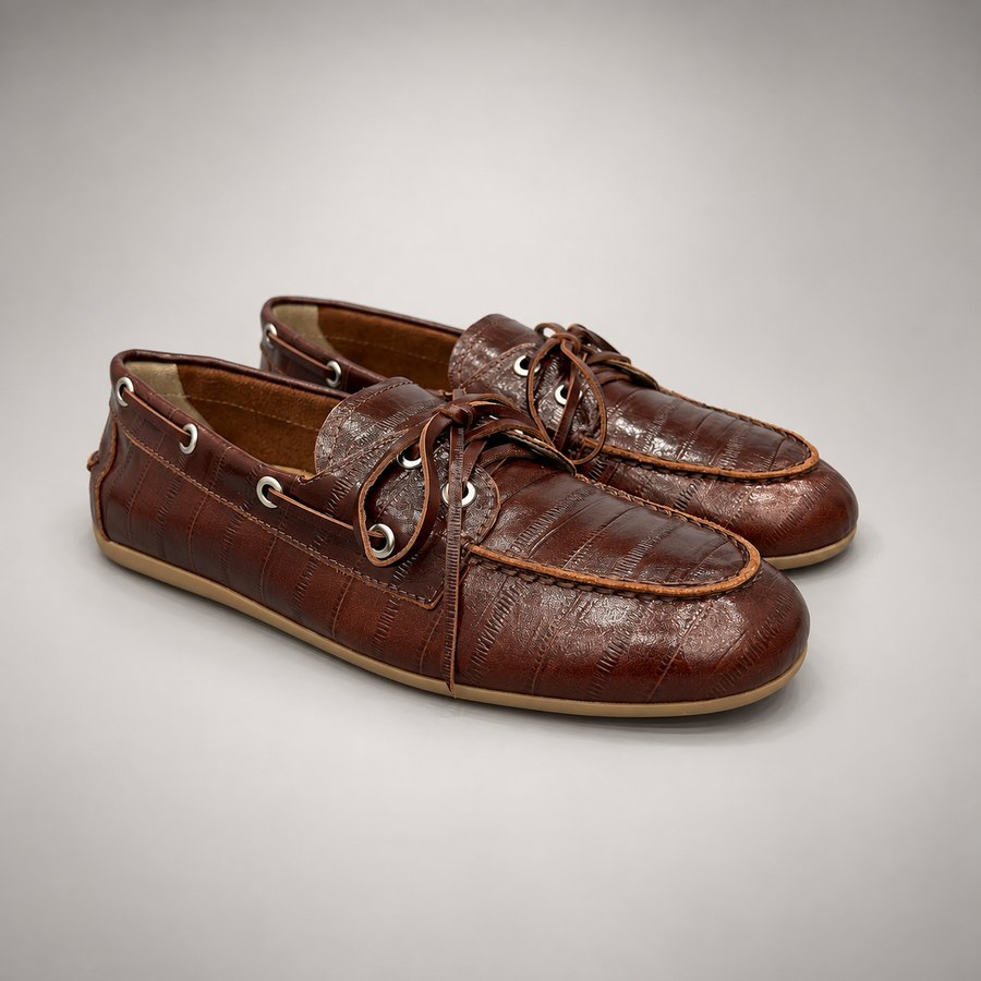 Brown Embossed Leather Boat Shoes