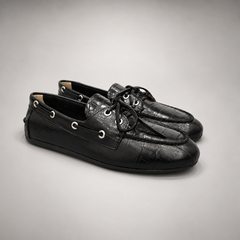 Black Croc-Embossed Leather Boat Shoes