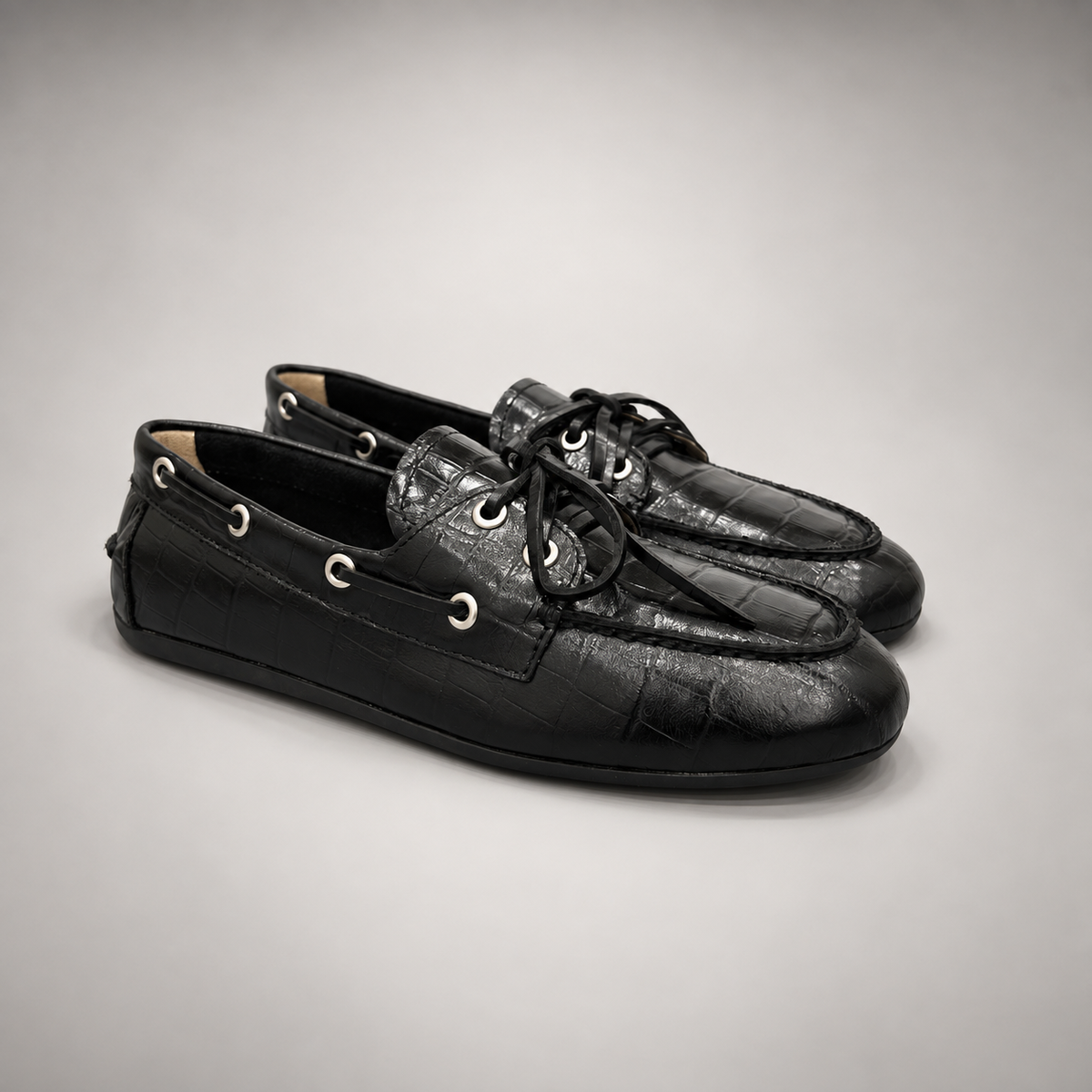 Black Croc-Embossed Leather Boat Shoes