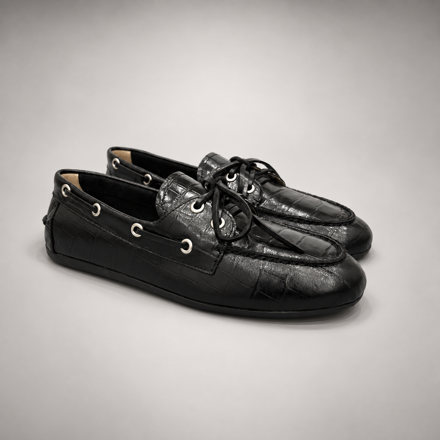 Black Croc-Embossed Leather Boat Shoes