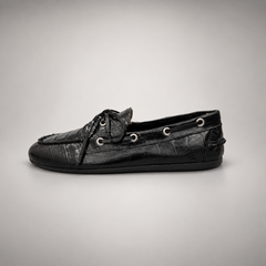 Black Croc-Embossed Leather Boat Shoes
