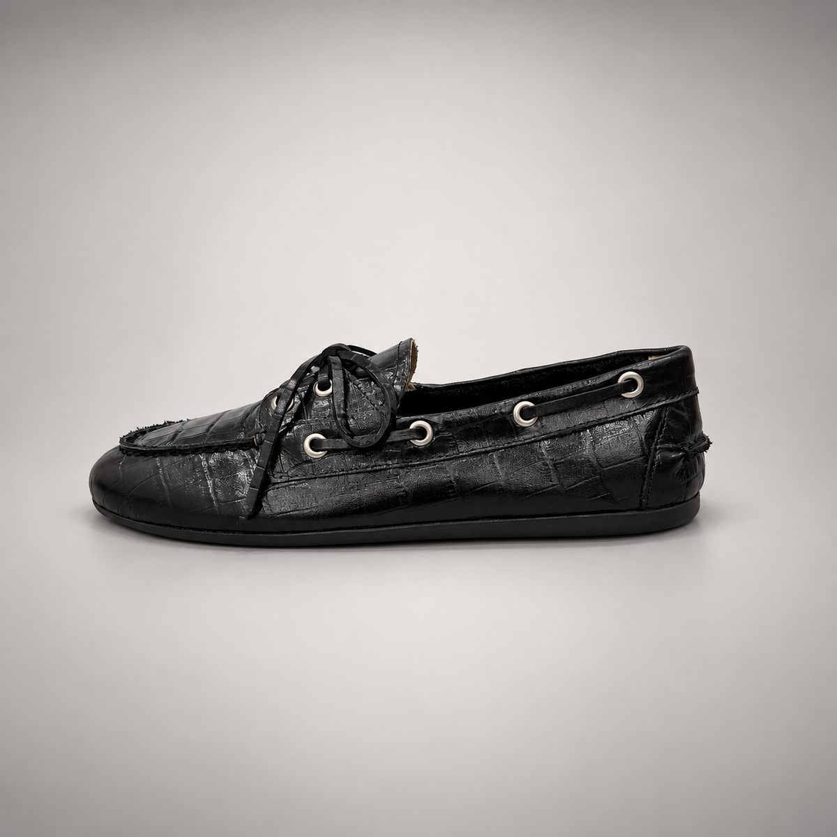 Black Croc-Embossed Leather Boat Shoes