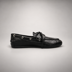 Black Croc-Embossed Leather Boat Shoes