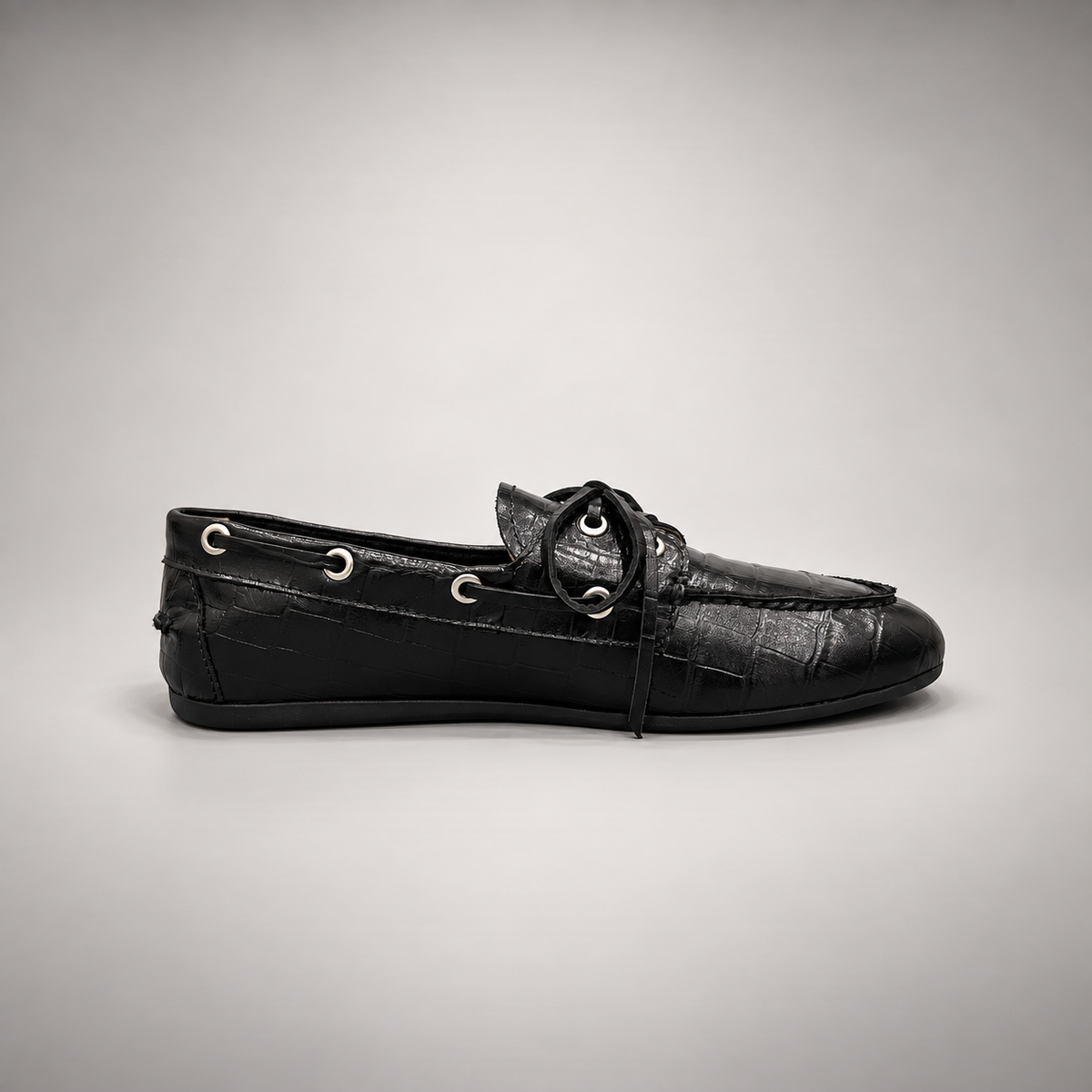 Black Croc-Embossed Leather Boat Shoes