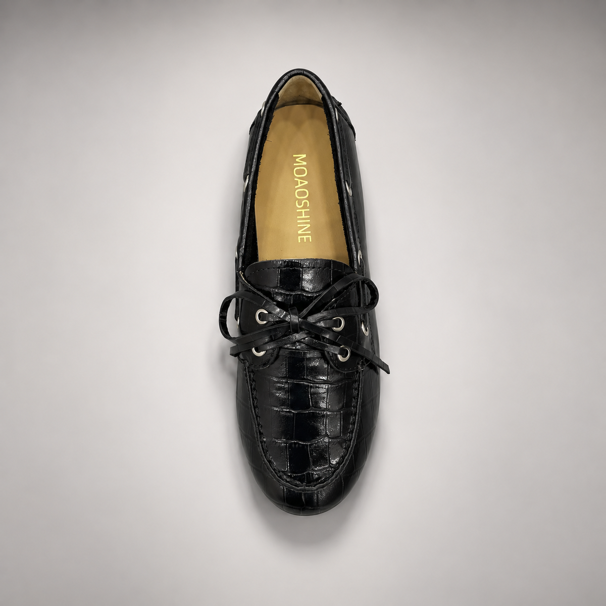 Black Croc-Embossed Leather Boat Shoes