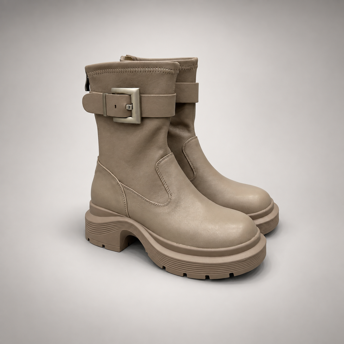 Taupe Buckled Mid-Calf Boots