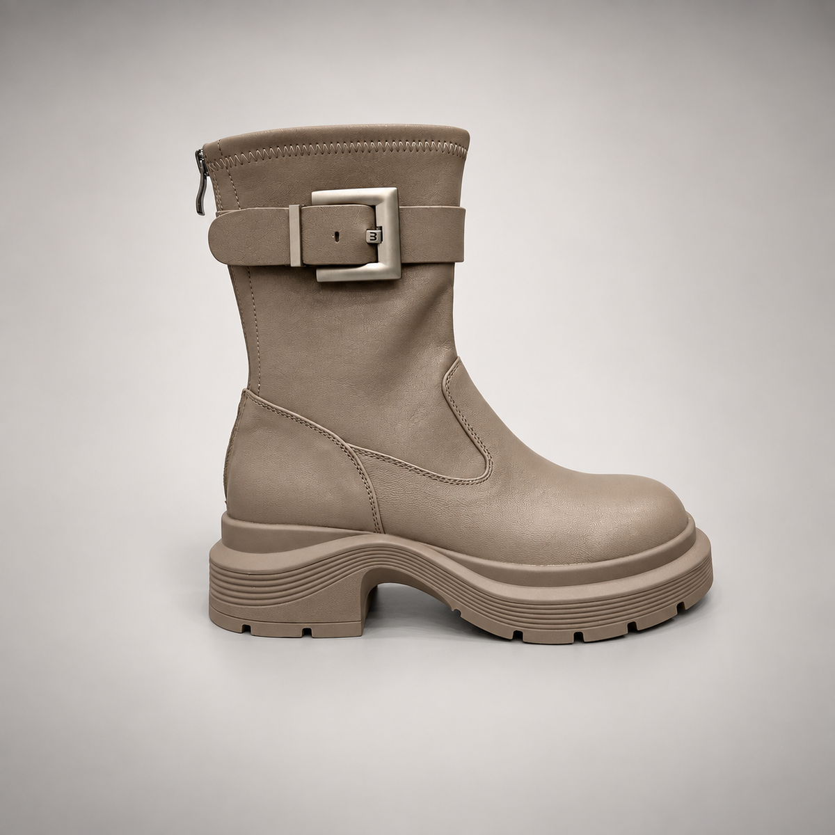 Taupe Buckled Mid-Calf Boots