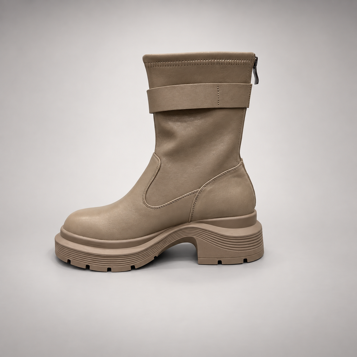Taupe Buckled Mid-Calf Boots