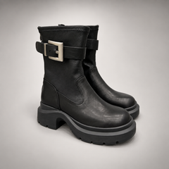 Black Buckled Mid-Calf Boots