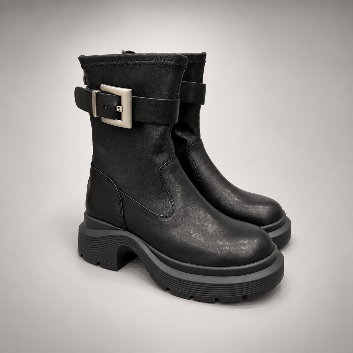 Black Buckled Mid-Calf Boots