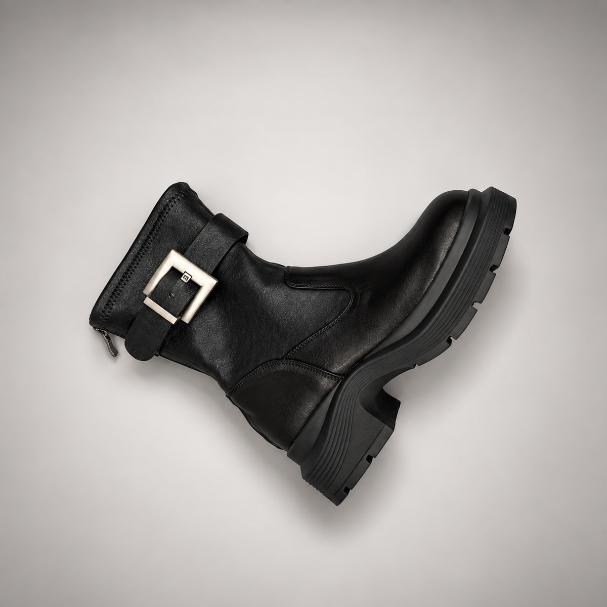 Black Buckled Mid-Calf Boots