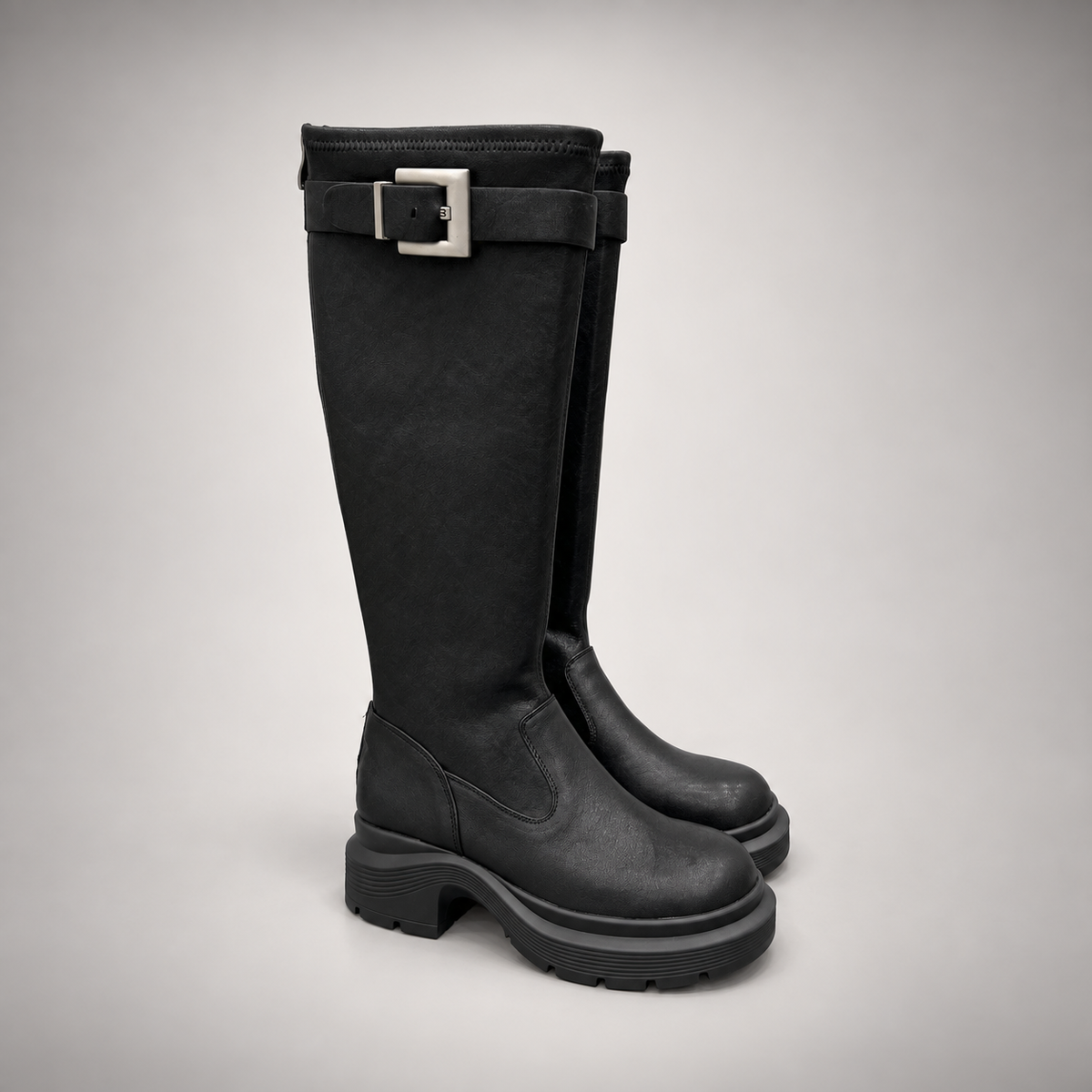 Black Buckled Knee-High Boots
