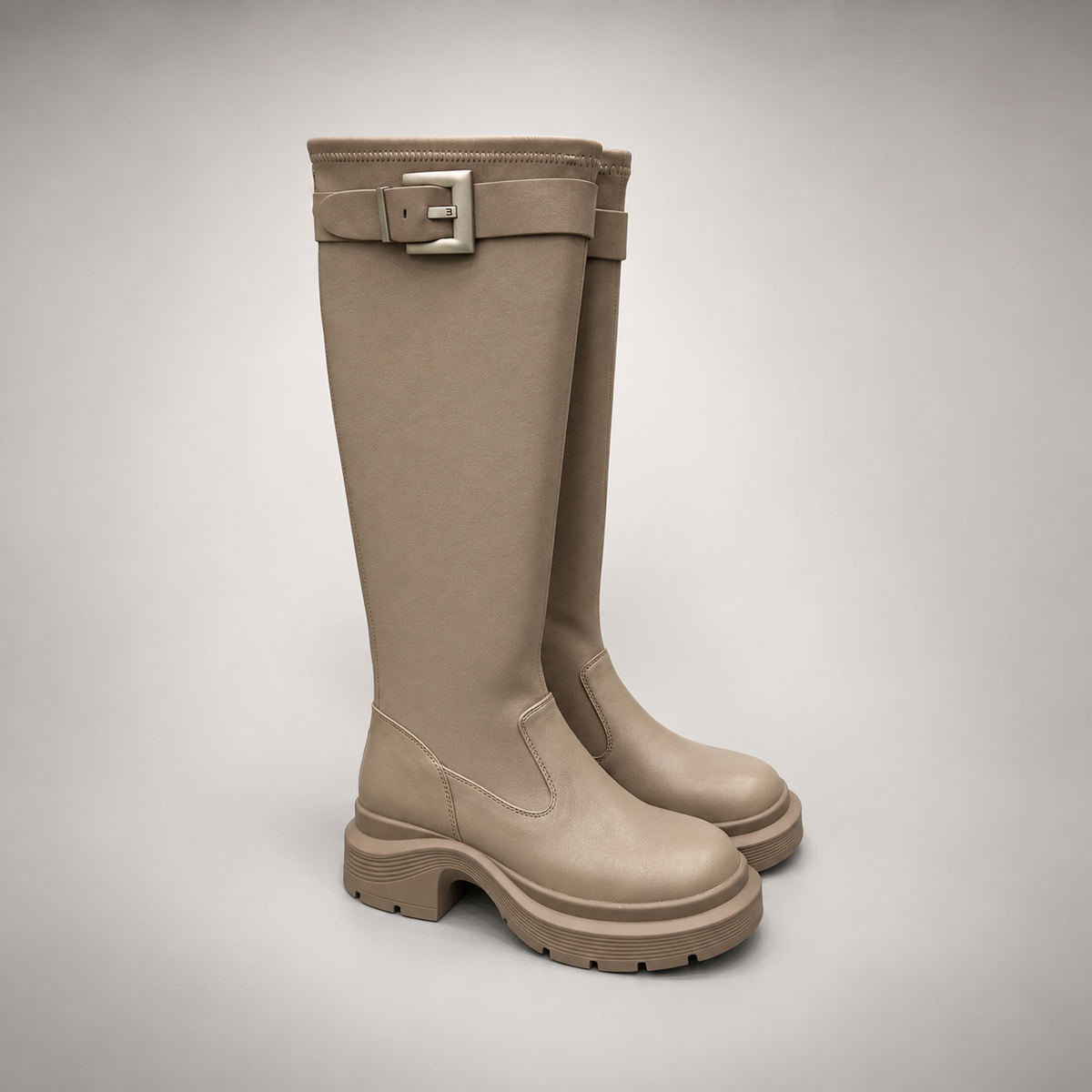 Taupe Buckled Knee-High Boots