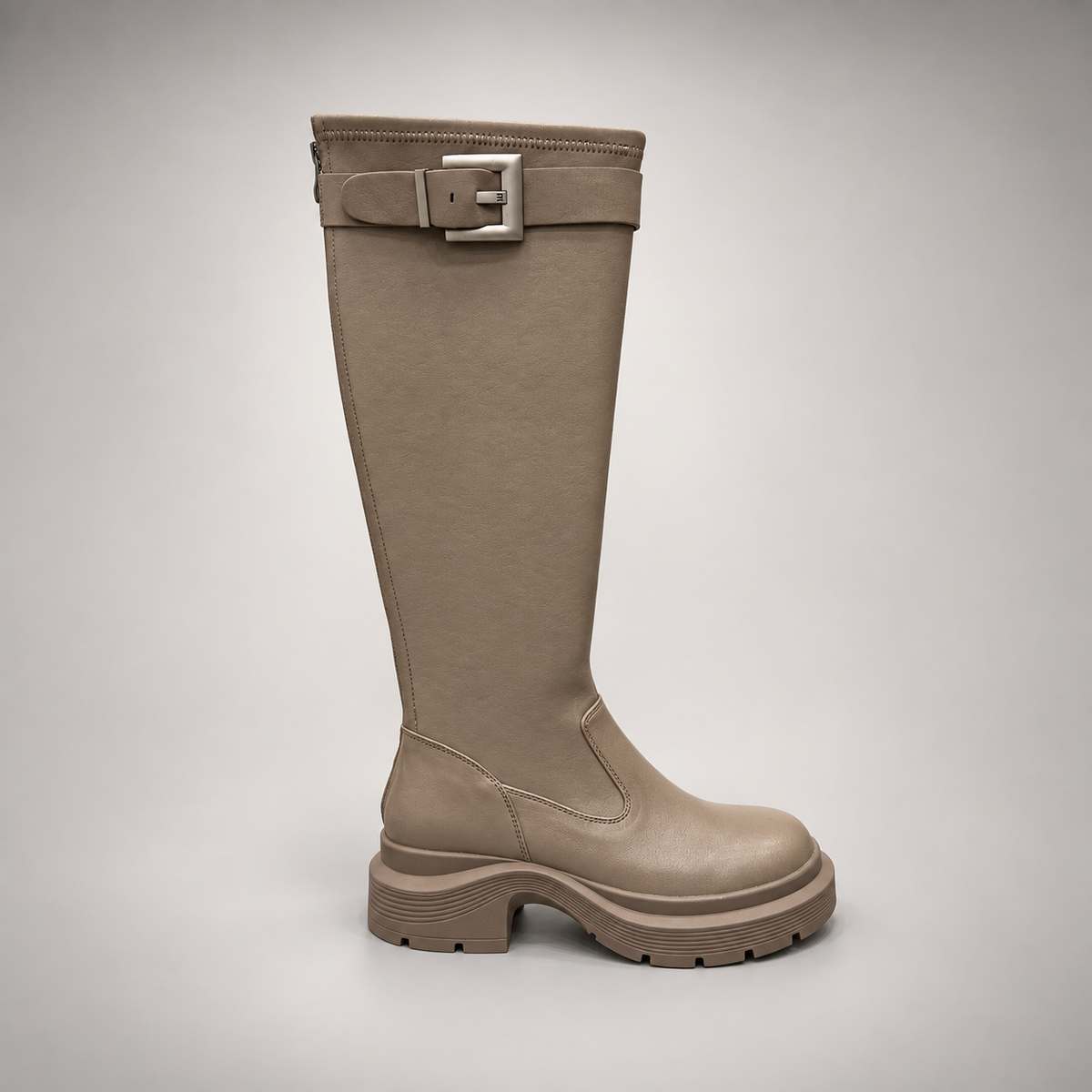 Taupe Buckled Knee-High Boots