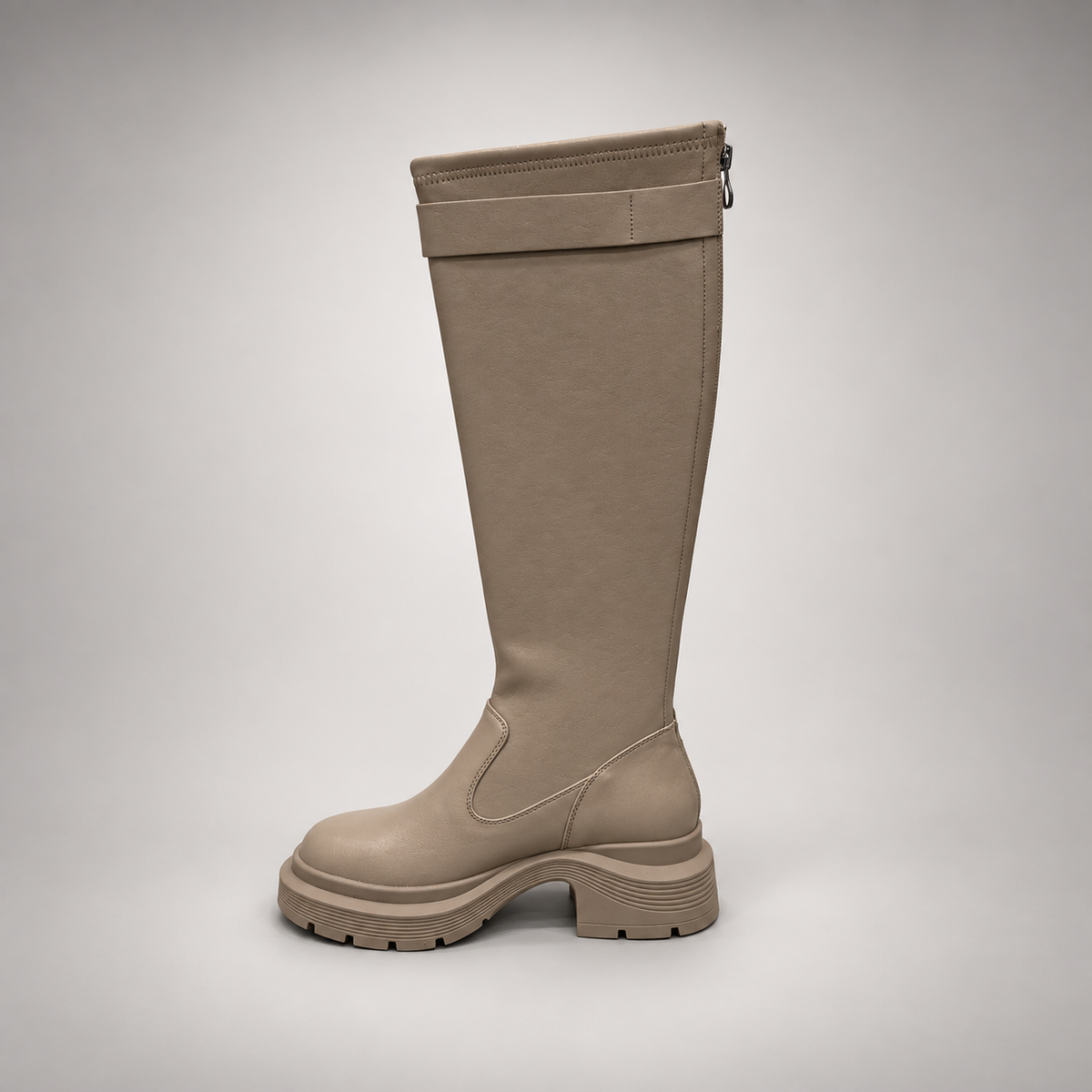Taupe Buckled Knee-High Boots