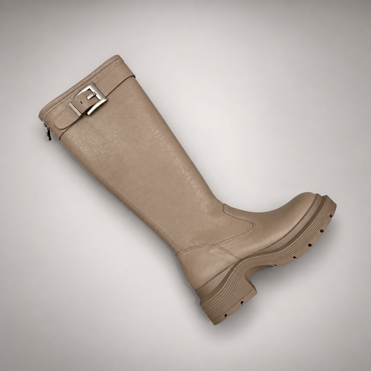 Taupe Buckled Knee-High Boots