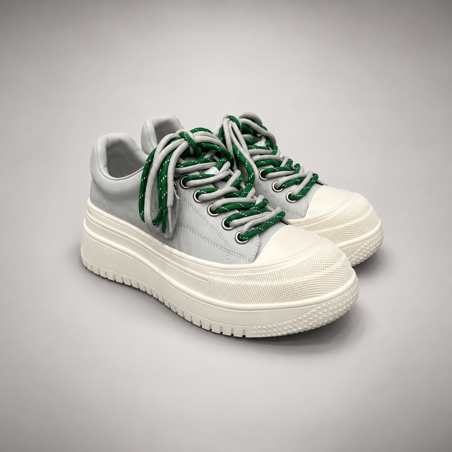 White-Green Rope-Lace Platform Sneakers
