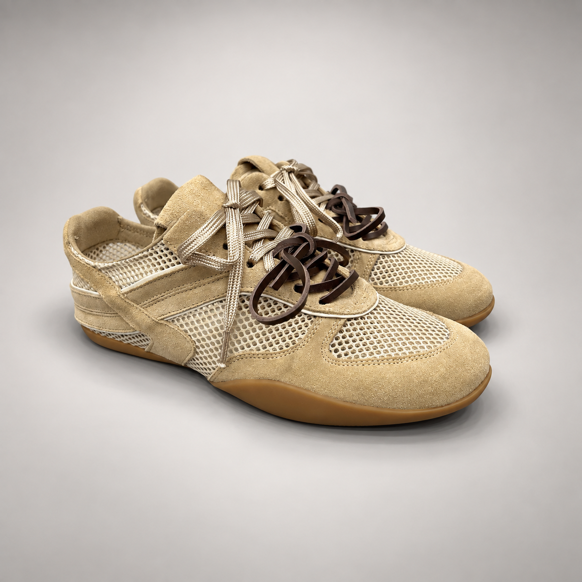 Beige Mesh Ribbon-Lace Sneakers