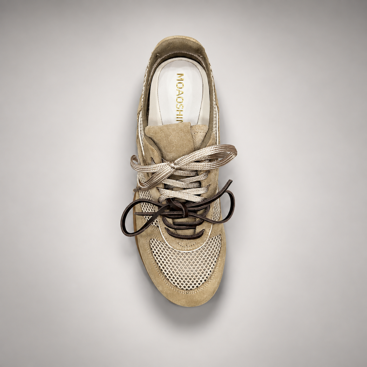 Beige Mesh Ribbon-Lace Sneakers