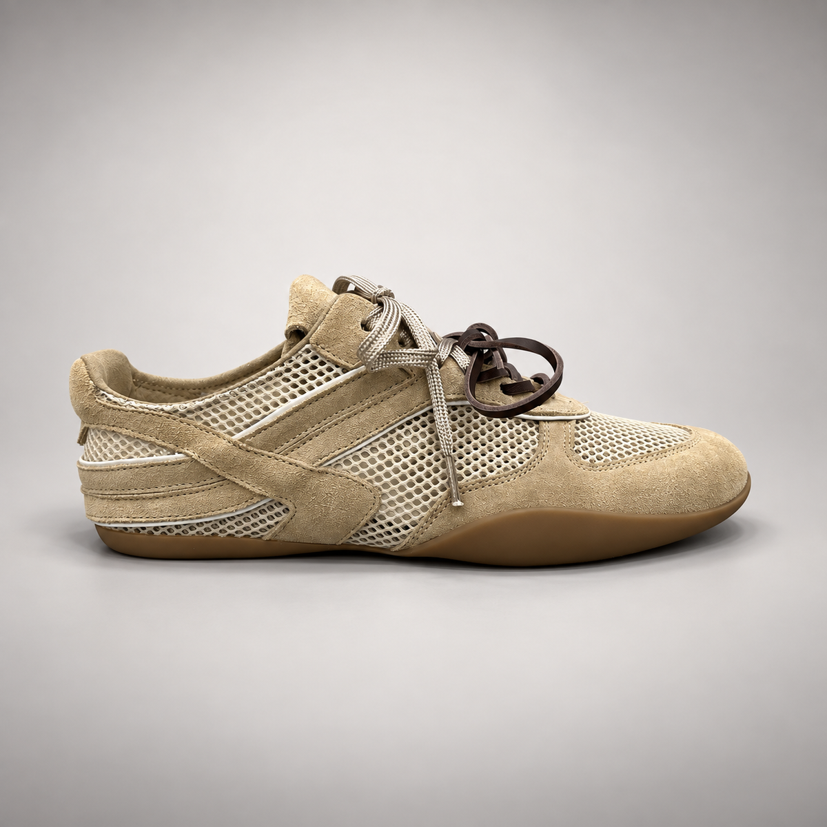 Beige Mesh Ribbon-Lace Sneakers