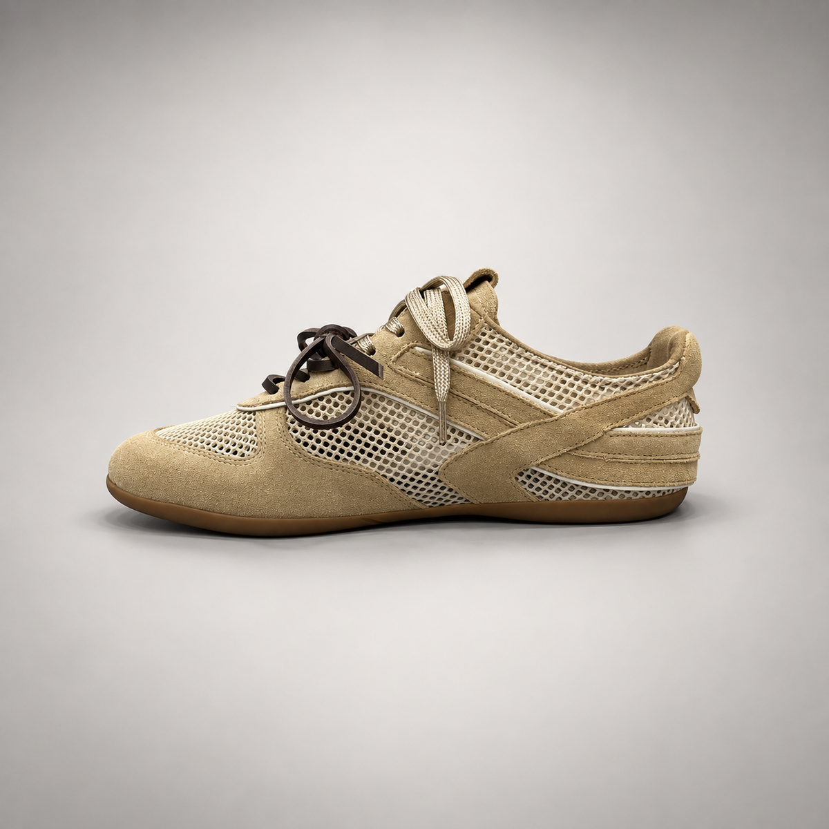 Beige Mesh Ribbon-Lace Sneakers