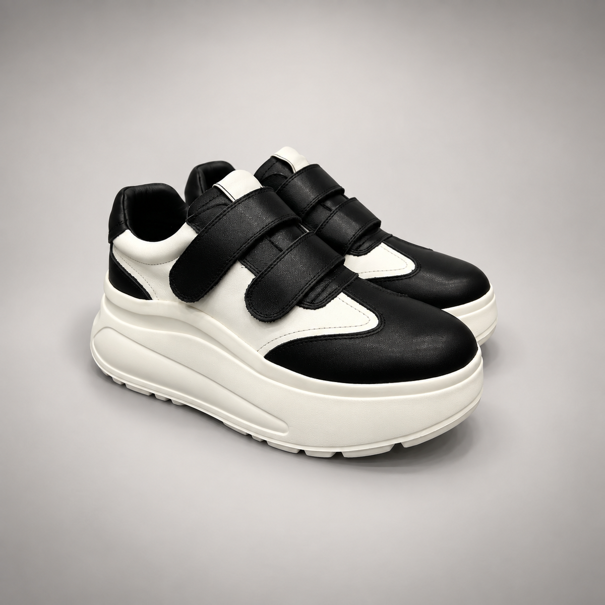 Black and White Triple-Strap Platform Sneakers
