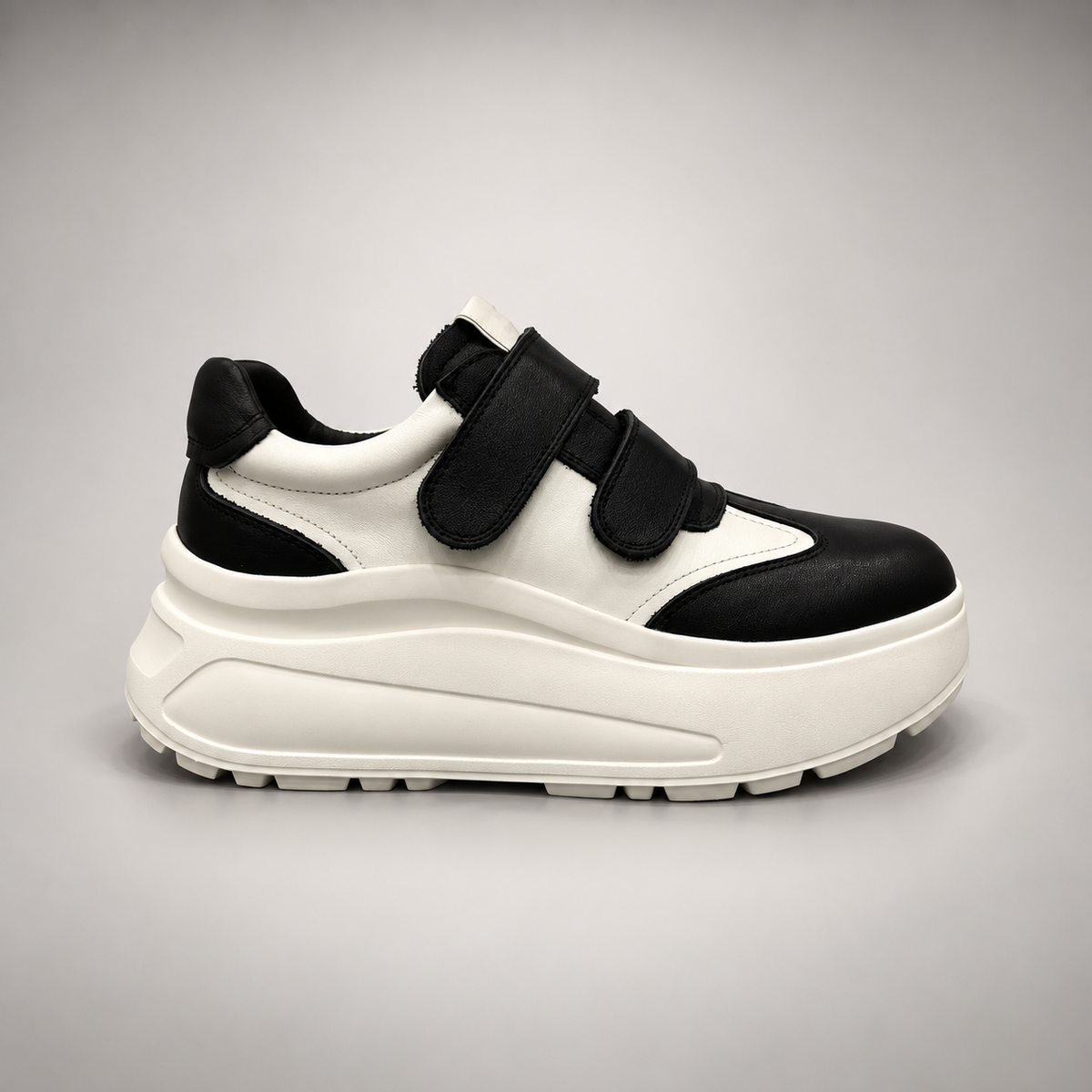 Black and White Triple-Strap Platform Sneakers