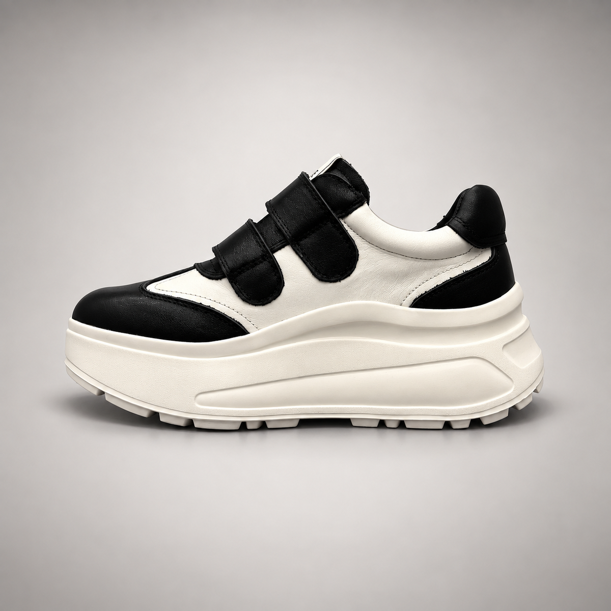 Black and White Triple-Strap Platform Sneakers