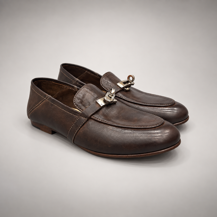 Dark brown washed leather horsebit loafer pair view
