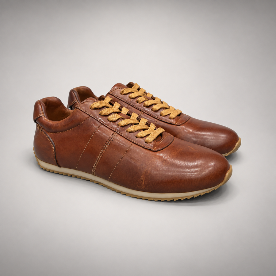 Brown washed leather lace-up sneaker pair view