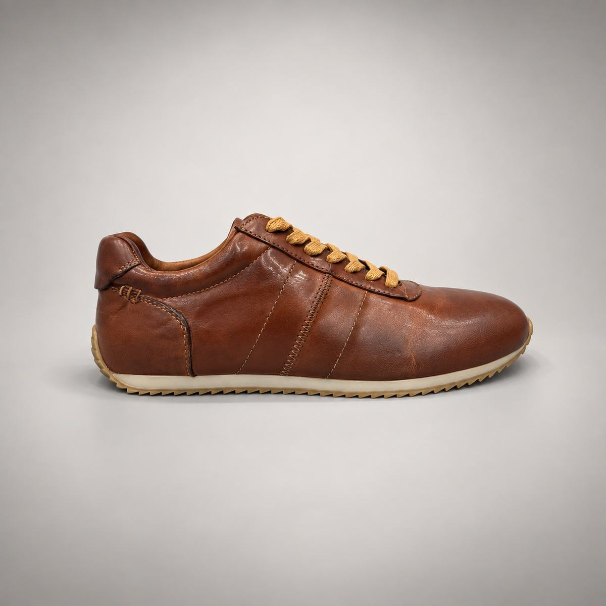 Brown washed leather lace-up sneaker side view