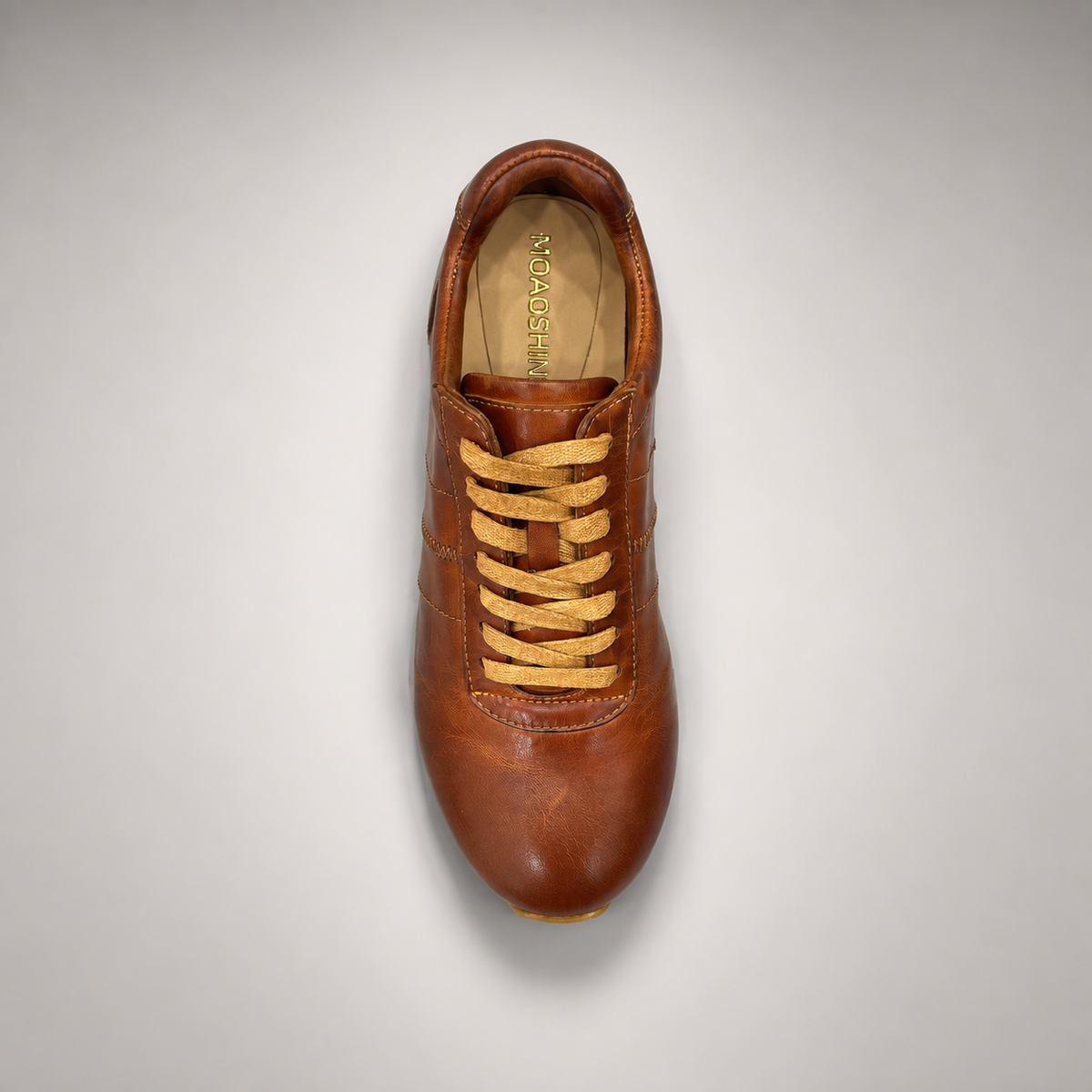 Brown washed leather lace-up sneaker top view