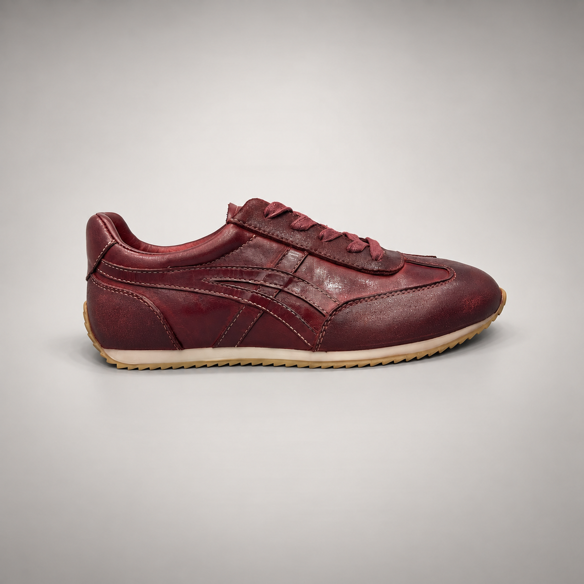 Burgundy washed leather lace-up sneaker side view