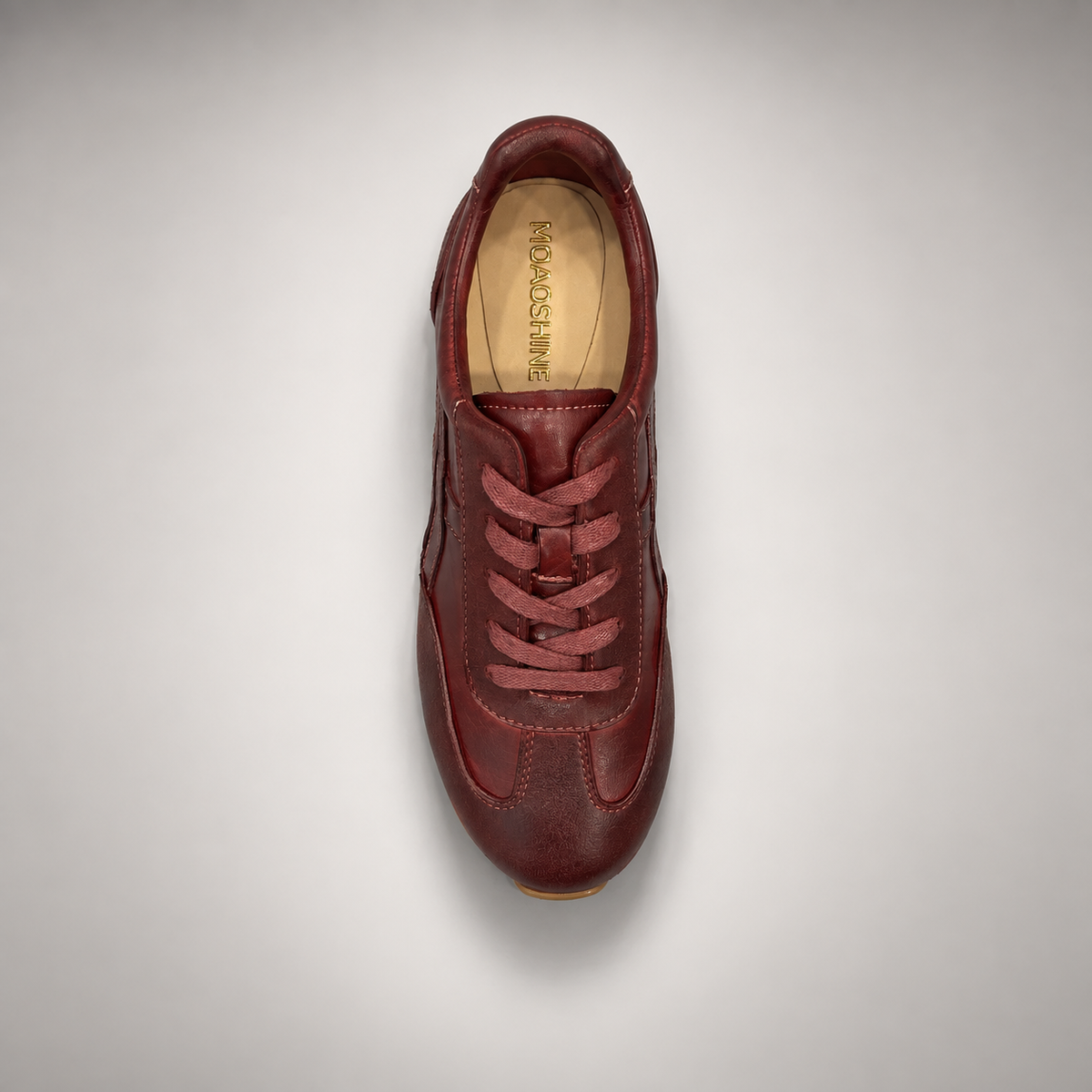 Burgundy washed leather lace-up sneaker top view